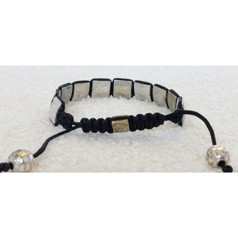 Men's Flat Hammered Silvertone Bead Corded Bracelet 6-10 in Adj
